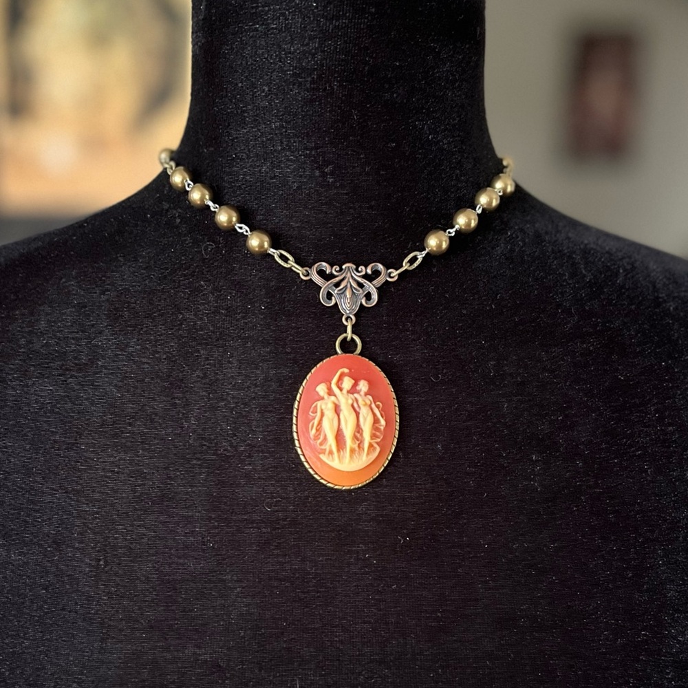 Vintage Carnelian Three Graces Fates Muses Victorian Style Cameo Necklace